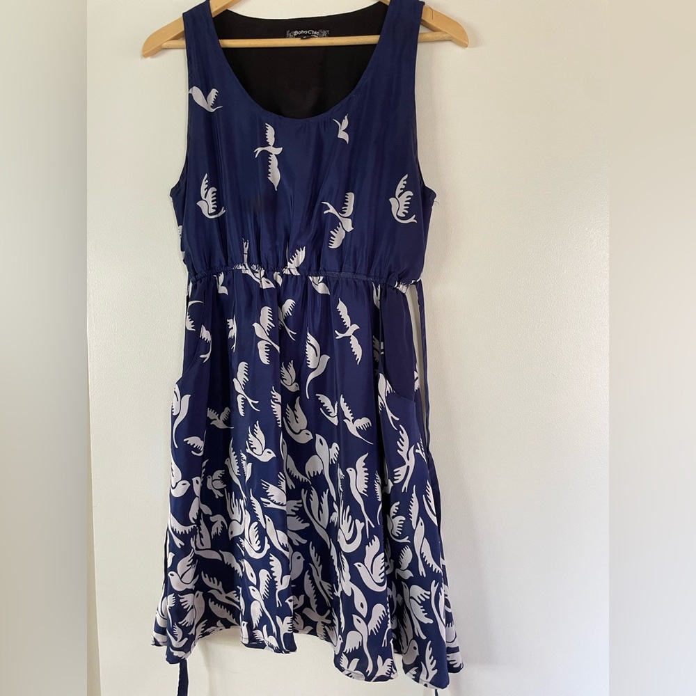 Summer navy blue & white dress w/ pockets, graphic bird print